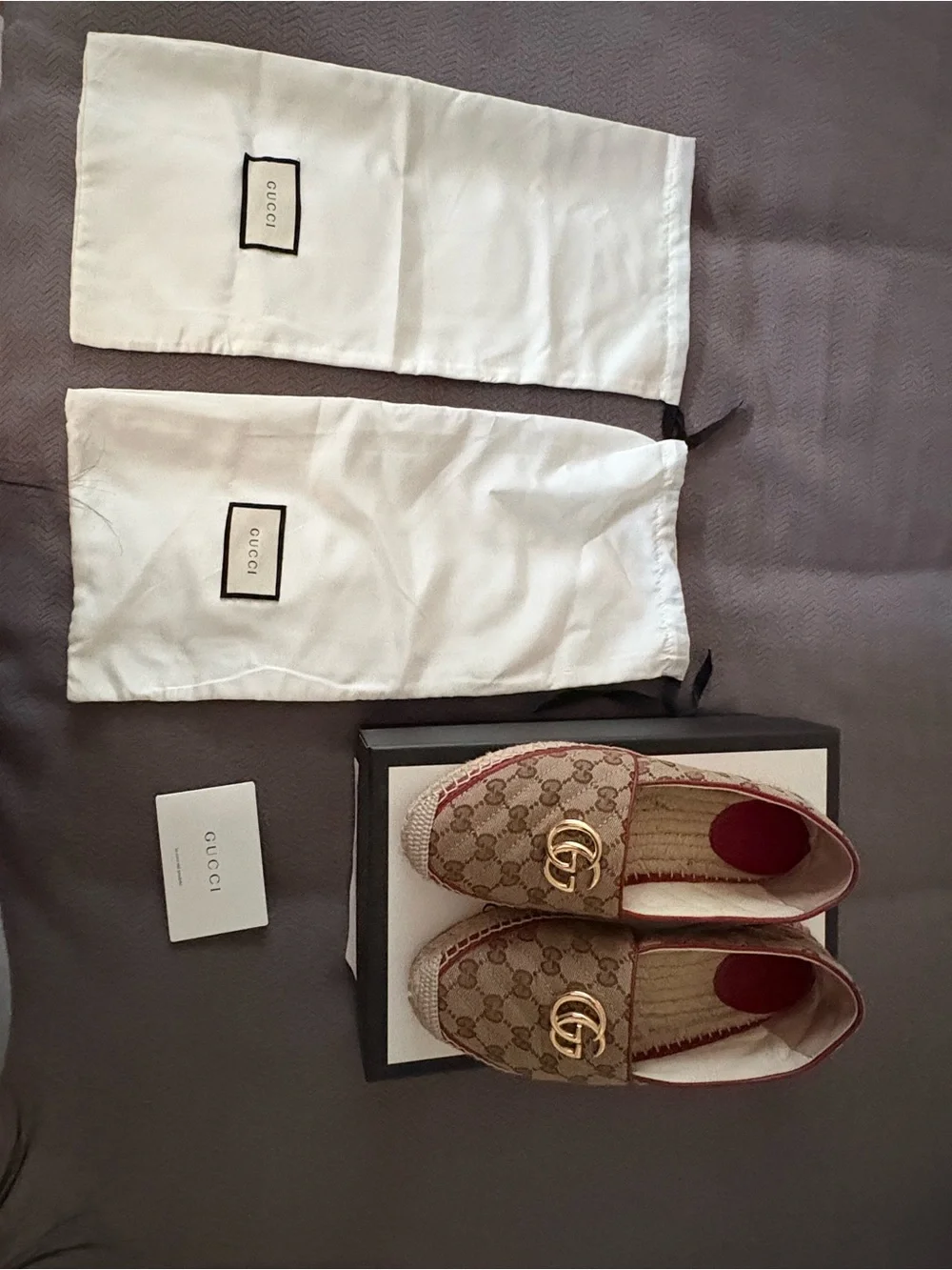 Gucci Beige Monogram Espadrilles with Red Trim and Gold GG